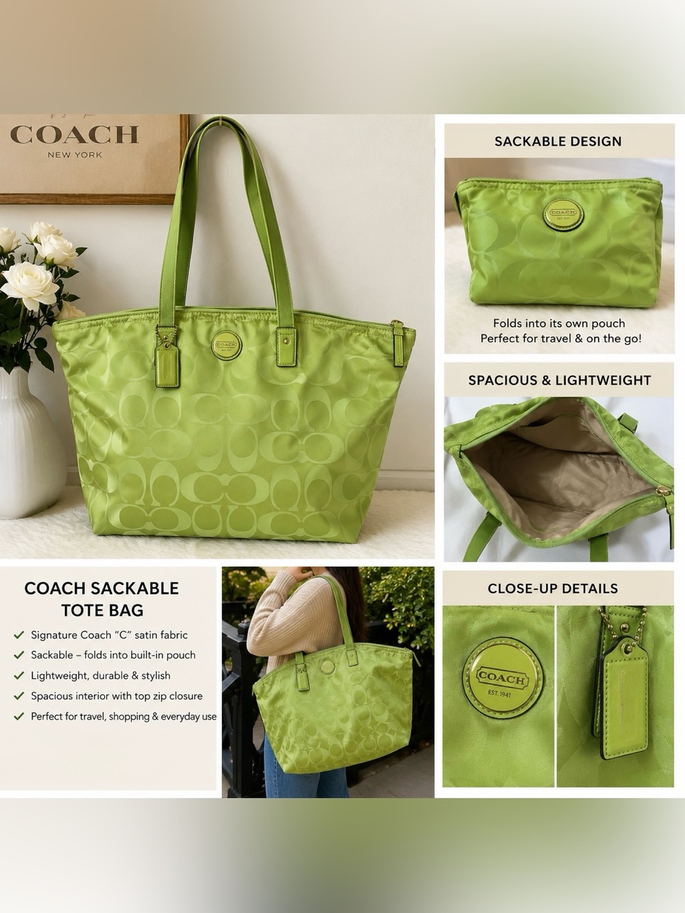 Coach vintage Green Signature Sackable Packable Tote Bag